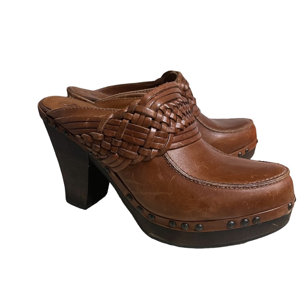 Frye Ella Clogs Mules Women's 8.5B   Brown Woven Basket Weave Heel Slip On Shoes